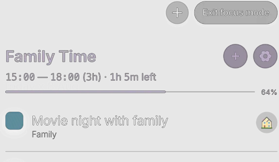 Focus mode showing one active block and its tasks