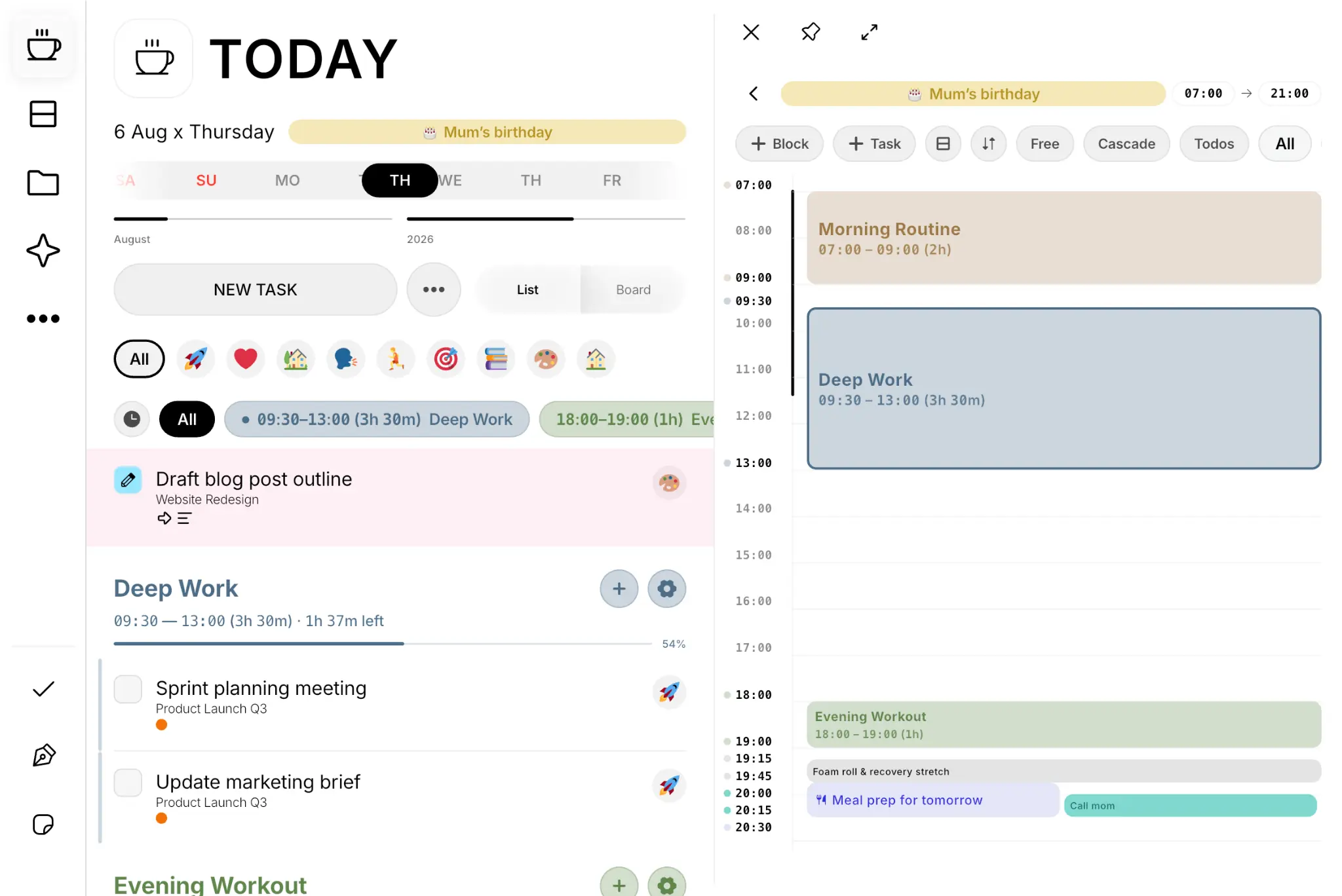 Today planner with time-blocking panel on iPad