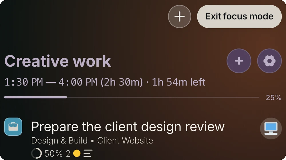 Focus mode showing one active block and its tasks