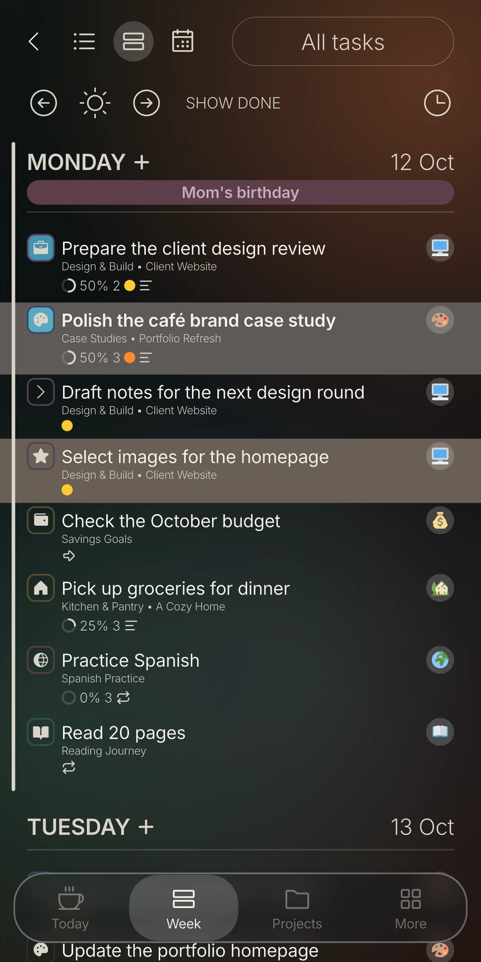 Project weekly planner in the Luxury glass theme