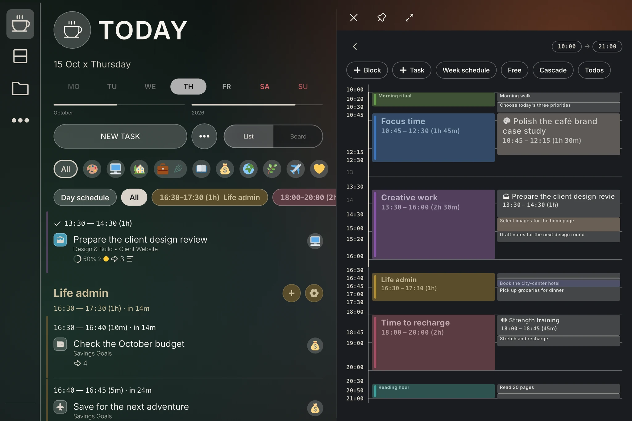 Today planner with time-blocking panel on iPad