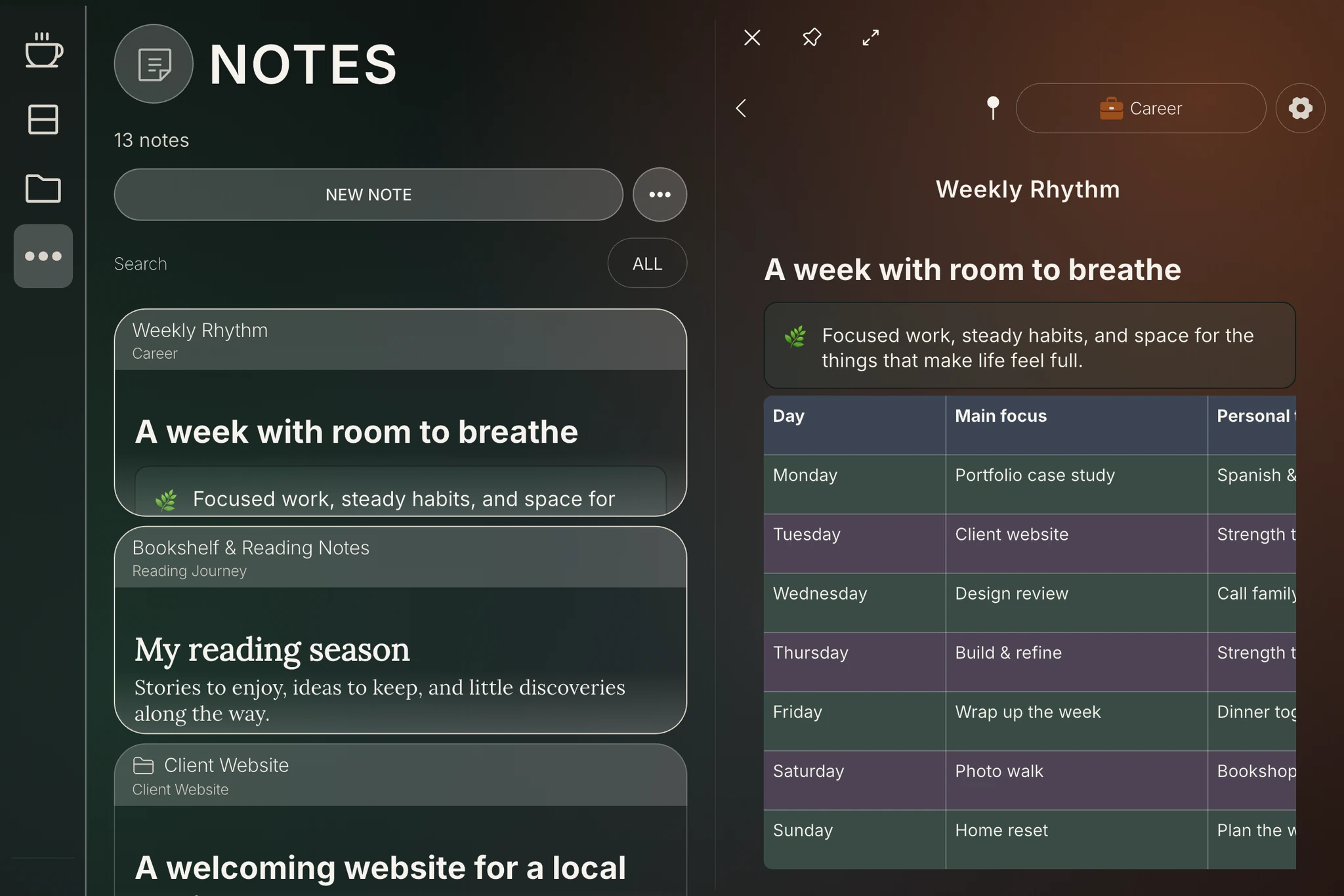 Notes and a weekly planning table on iPad