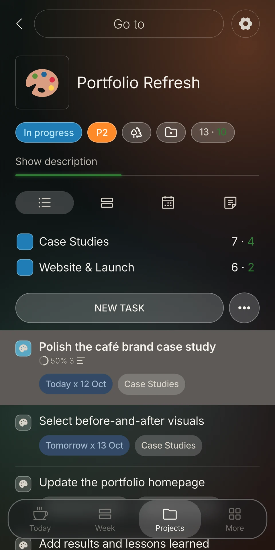 Project planner with sub-projects and tasks