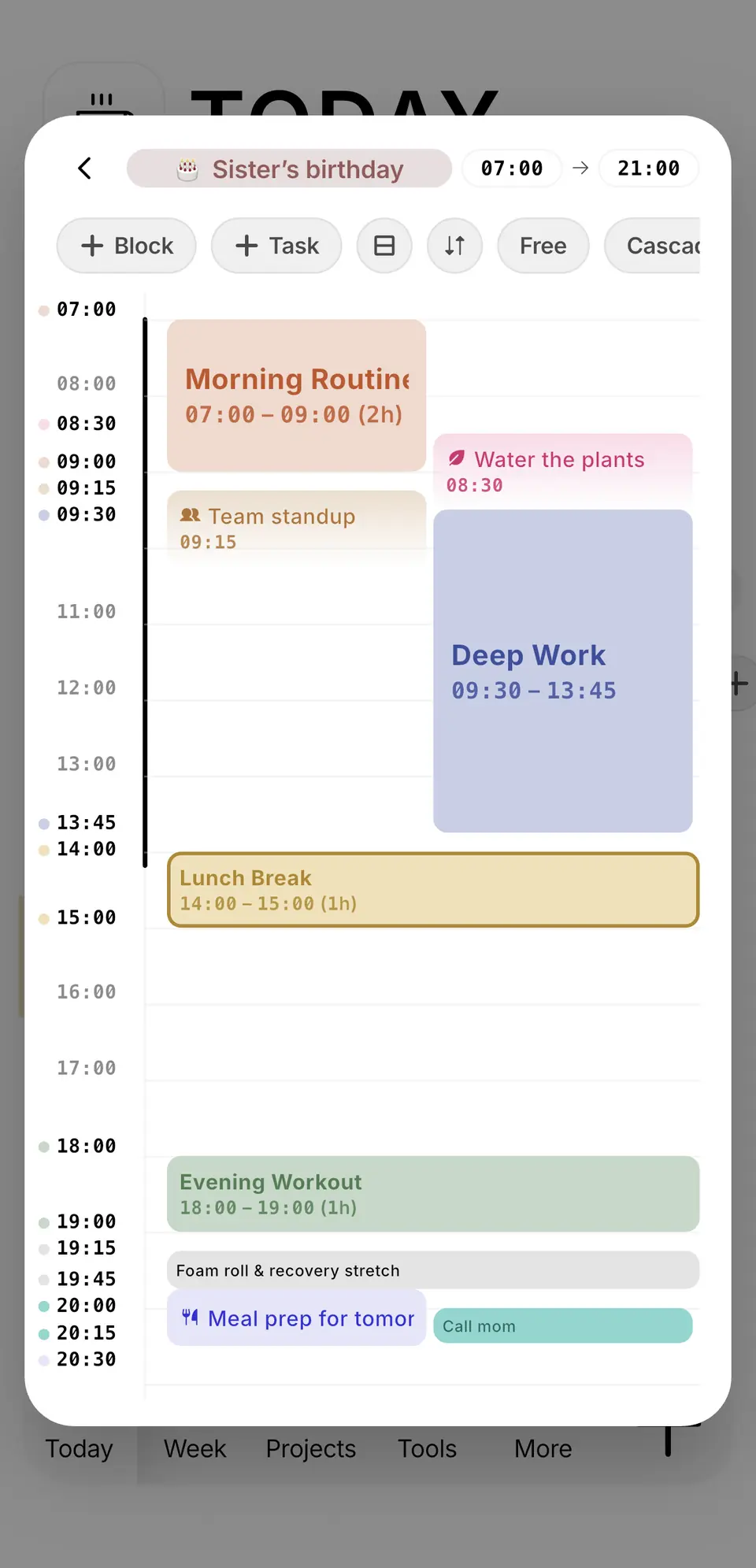 Day planner organized with time blocks